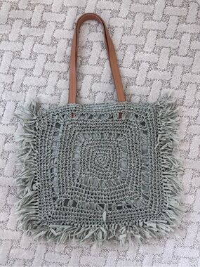 Woven Fringe Tote Bag in Sage Green with Tan Handles